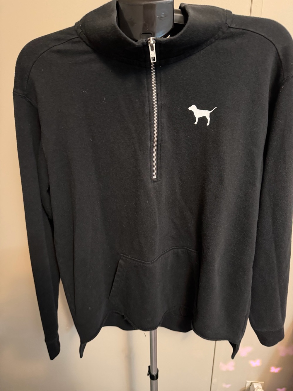 VS PINK Black Mesh Applique Logo 1/4 Zip Pullover Sweatshirt Size L Raw Hem